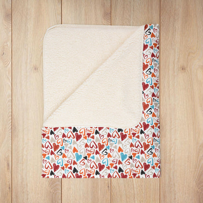 Red, Orange & Blue Hearts White Sandusky OH Fleece Sherpa Blanket