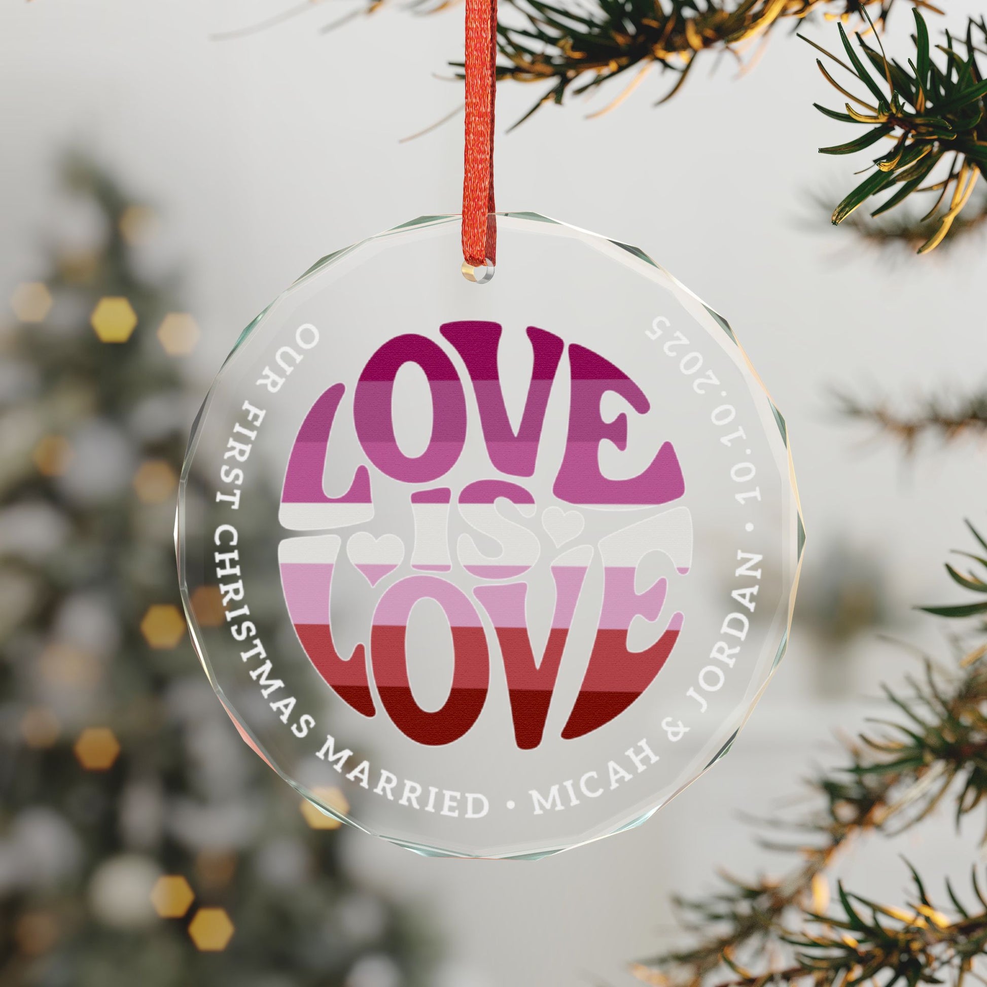 Custom Crystal Love is Love Lesbian Pink Pride 3" Circle Ornament