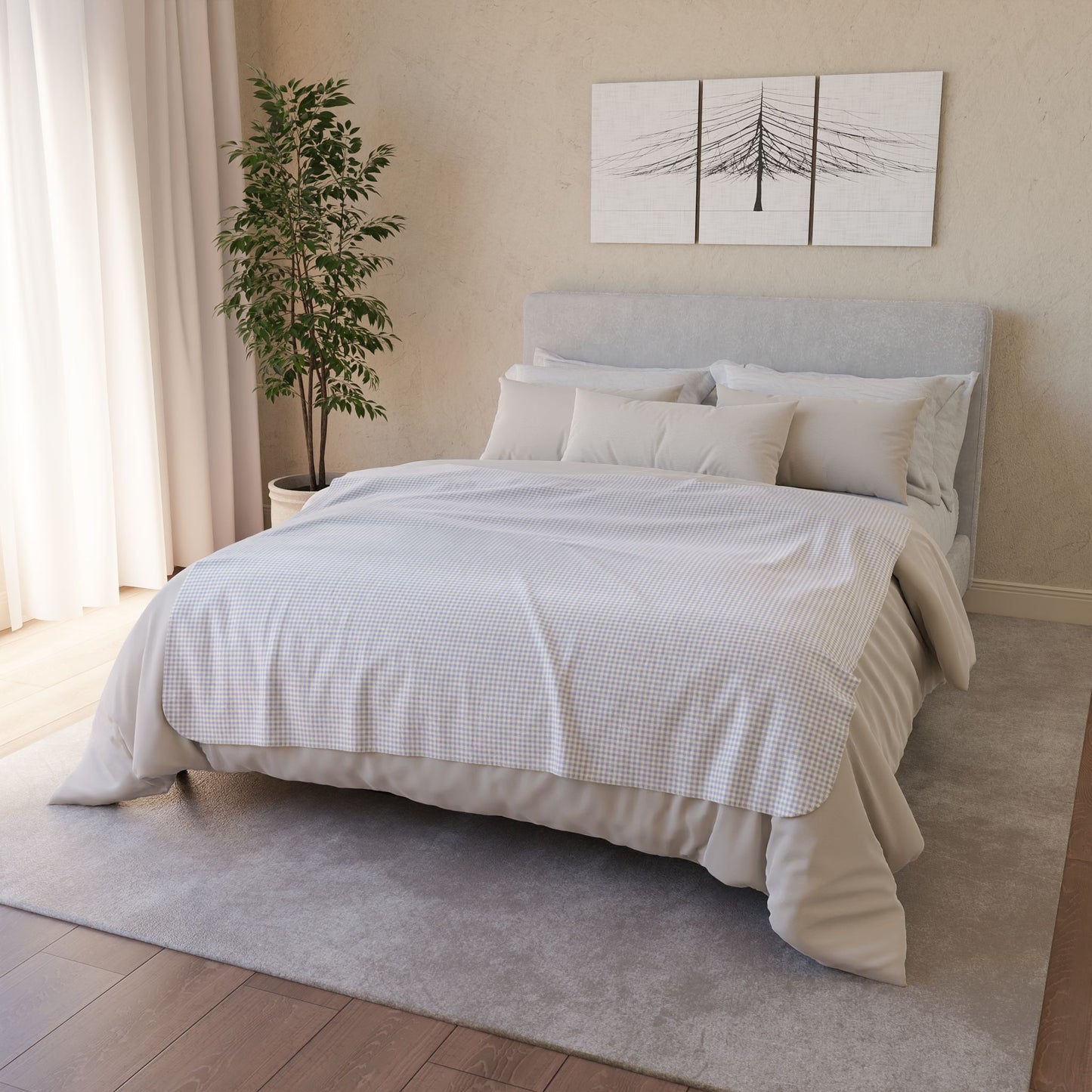 50" × 60" Grey Lavender & Cream Gingham Fleece Sherpa Blanket