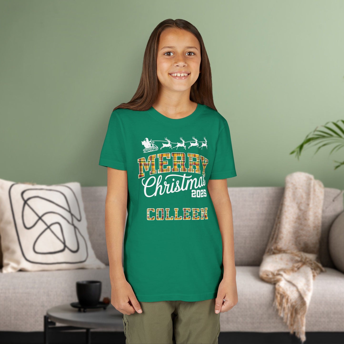 Kelly Custom Christmas Green & Gold Green Bay WI Plaid Kids Tee Youth Pajama Top