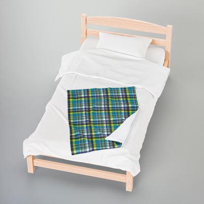 Teal & Neon Green Charlotte NC & Fort Mill SC Plaid Velveteen Plush Blanket