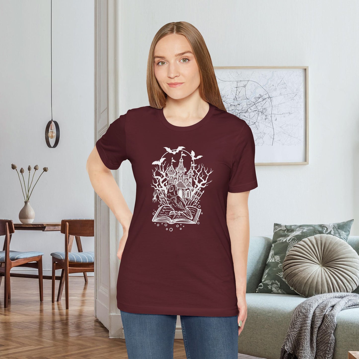 Lovebird on a Spell Book by a Haunted House, Line Art Tee