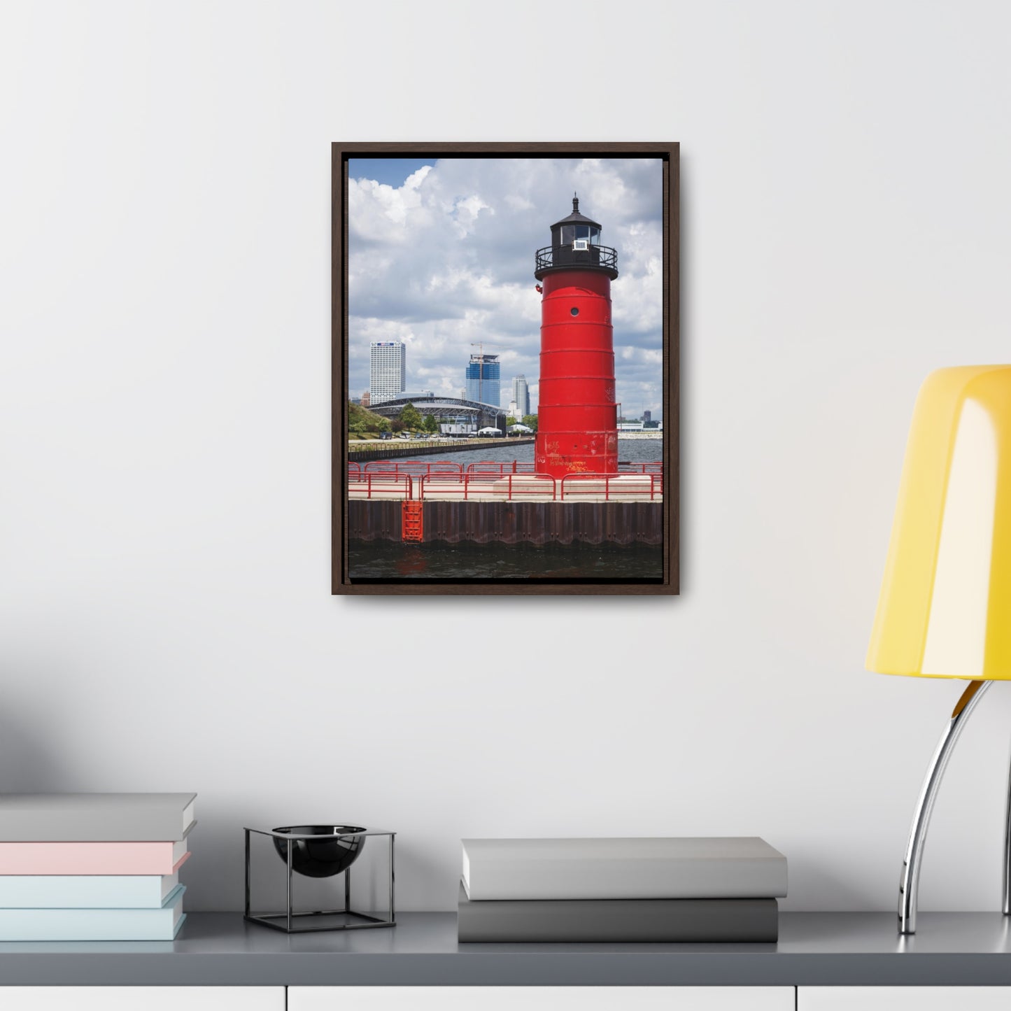 Faro y horizonte de Milwaukee Wisconsin; Milwaukee Pierhead Light, fotografía enmarcada lienzo envoltura arte de pared