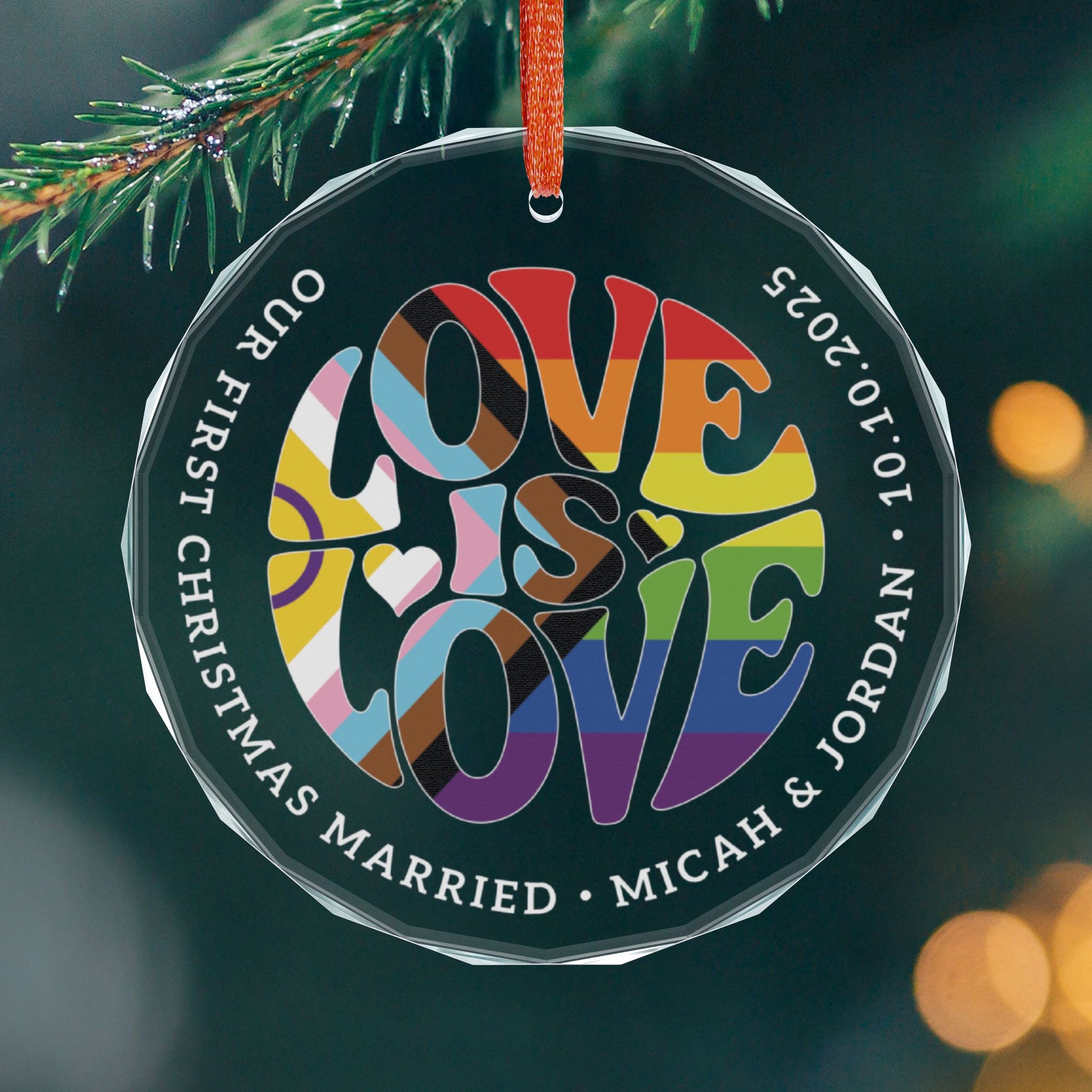 Round One size Custom Crystal Love is Love Intersex-Inclusive Progress Rainbow Pride 3" Circle Ornament