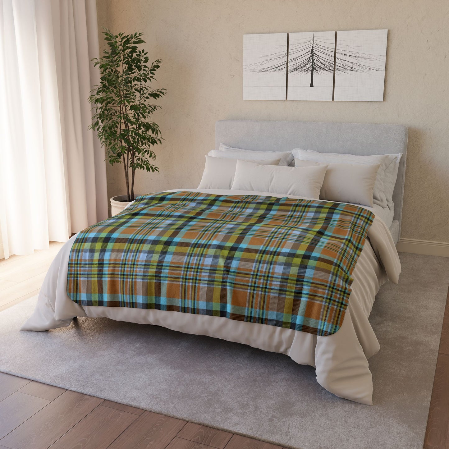 50" × 60" Grey Brown, Green & Blue Mason OH Plaid Fleece Sherpa Blanket