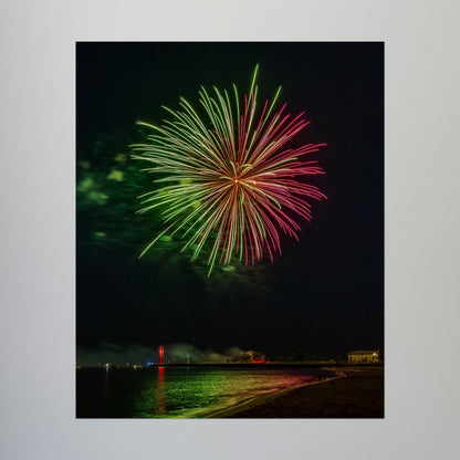 Green & Pink 4th of July Fireworks over Kenosha Pier Light Rolled Poster
