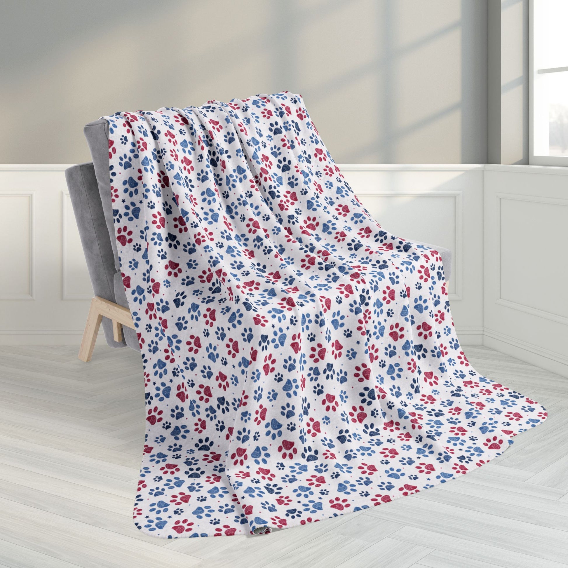 60" × 80" America U.S.A. Red, White & Blue Paw Prints Light Grey Fleece Sherpa Blanket