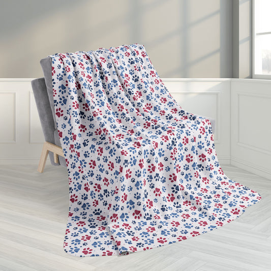60" × 80" America U.S.A. Red, White & Blue Paw Prints Light Grey Fleece Sherpa Blanket