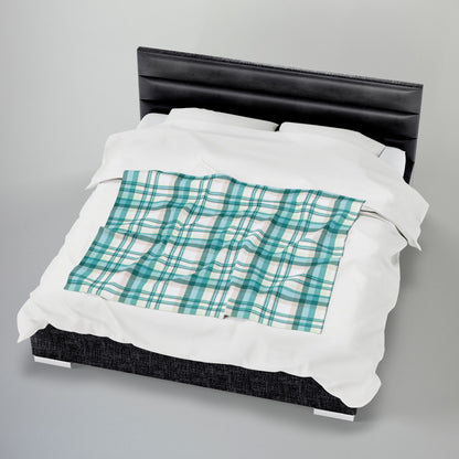 Coastal Teal Plaid Velveteen Plush Blanket