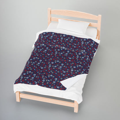 Red & White Ohio Paw Prints Blue Velveteen Plush Blanket