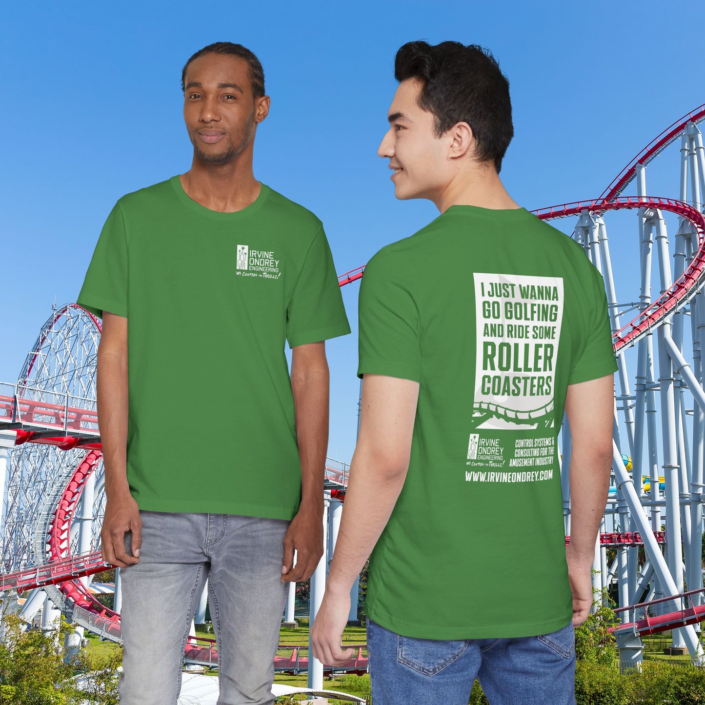 Leaf I Just Wanna Go Golfing & Ride Roller Coasters Tee (BACK graphic) • Irvine Ondrey Engineering