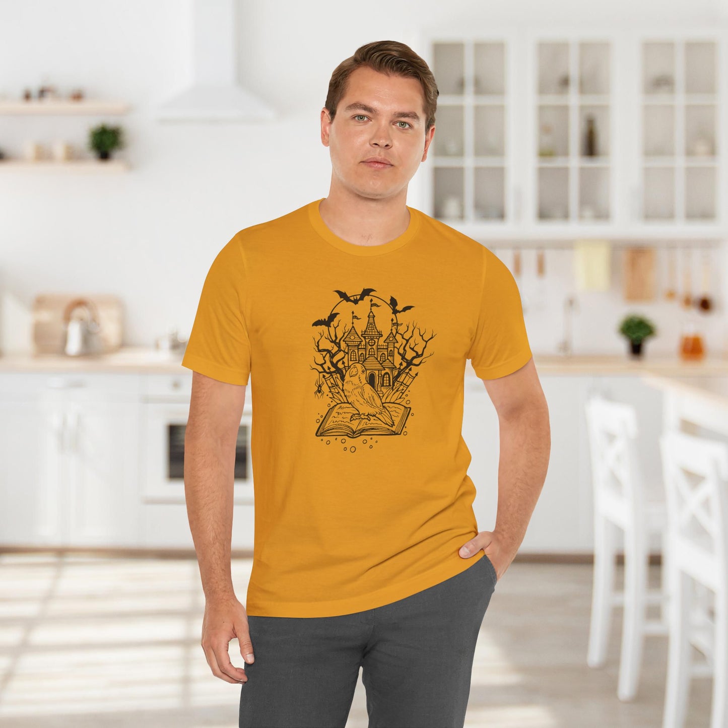 Lovebird on a Spell Book by a Haunted House, Line Art Tee