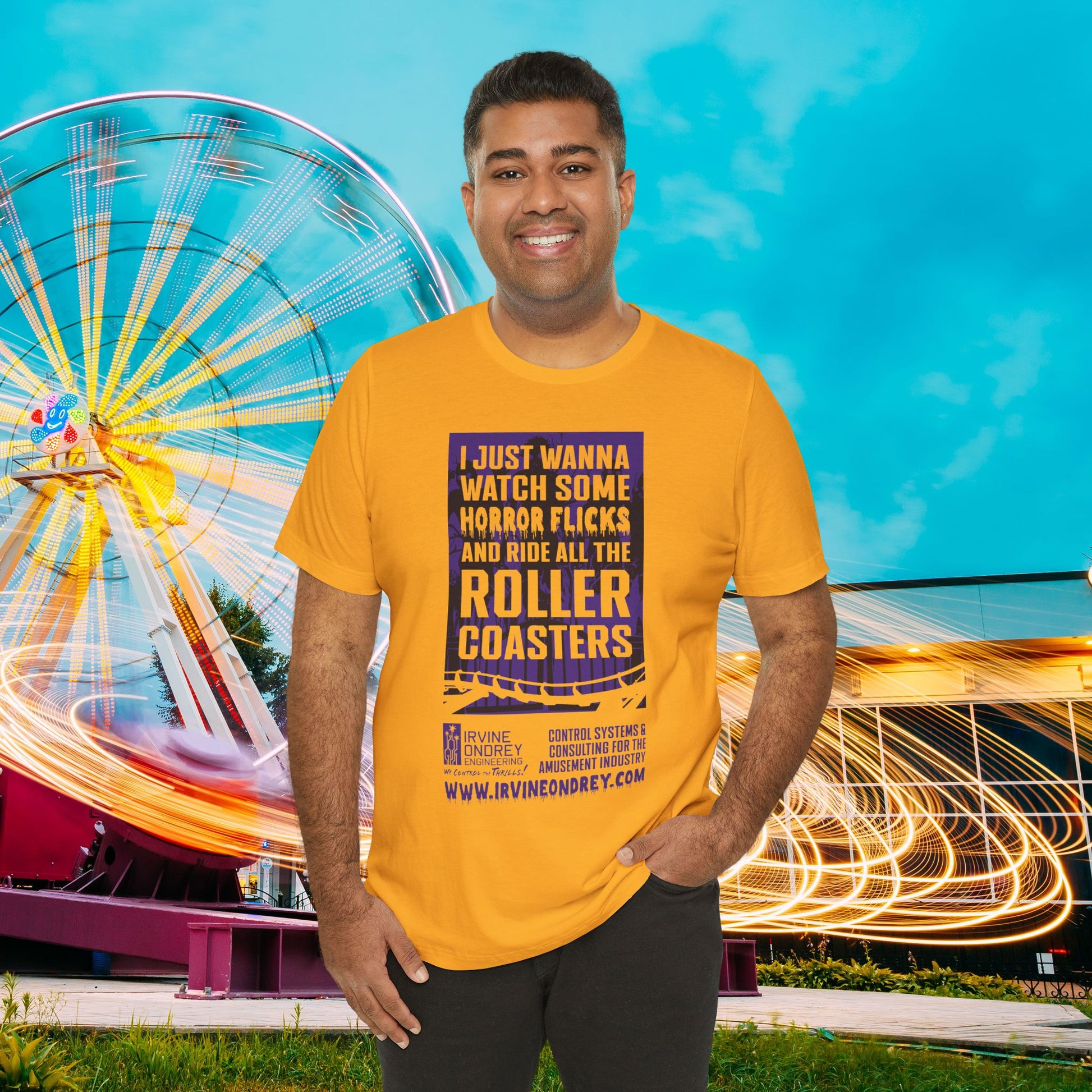 I Just Wanna Watch Horror Flicks & Ride Roller Coasters Tee (FRONT graphic) • Irvine Ondrey Engineering