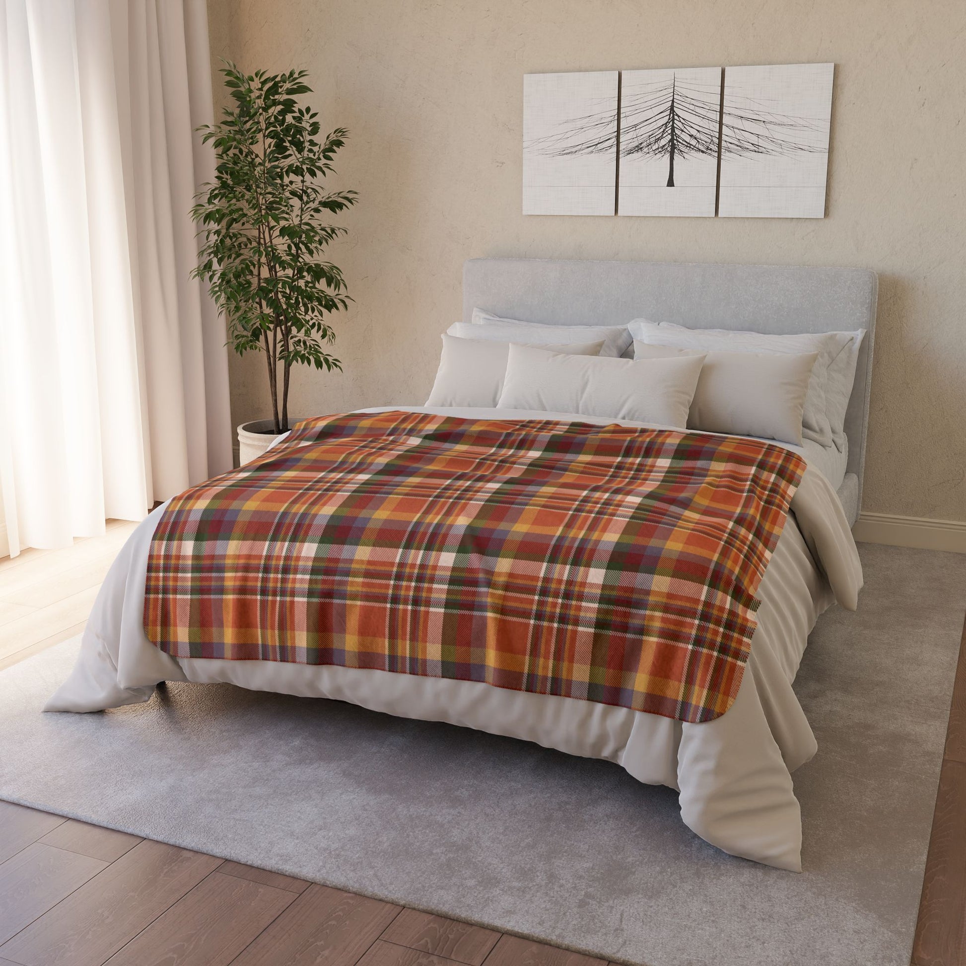 50" × 60" Grey Autumn Burnt Orange Plaid Fleece Sherpa Blanket