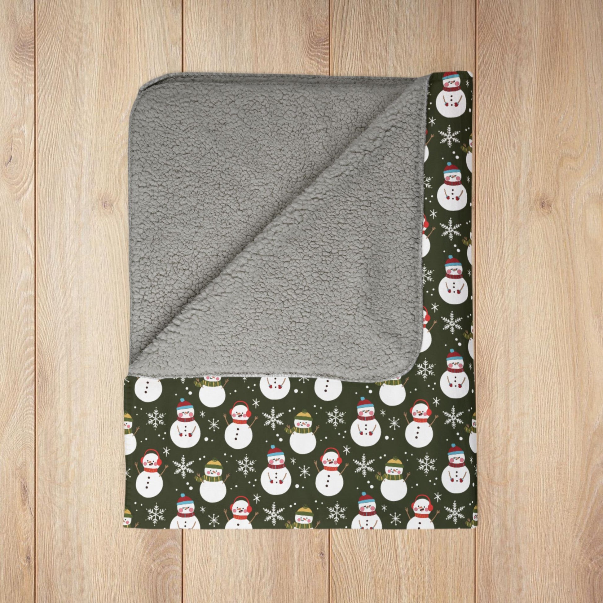 Christmas Red & Green Snowman Olive Fleece Sherpa Blanket