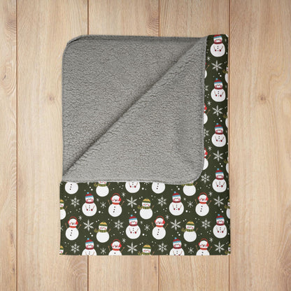 Christmas Red & Green Snowman Olive Fleece Sherpa Blanket