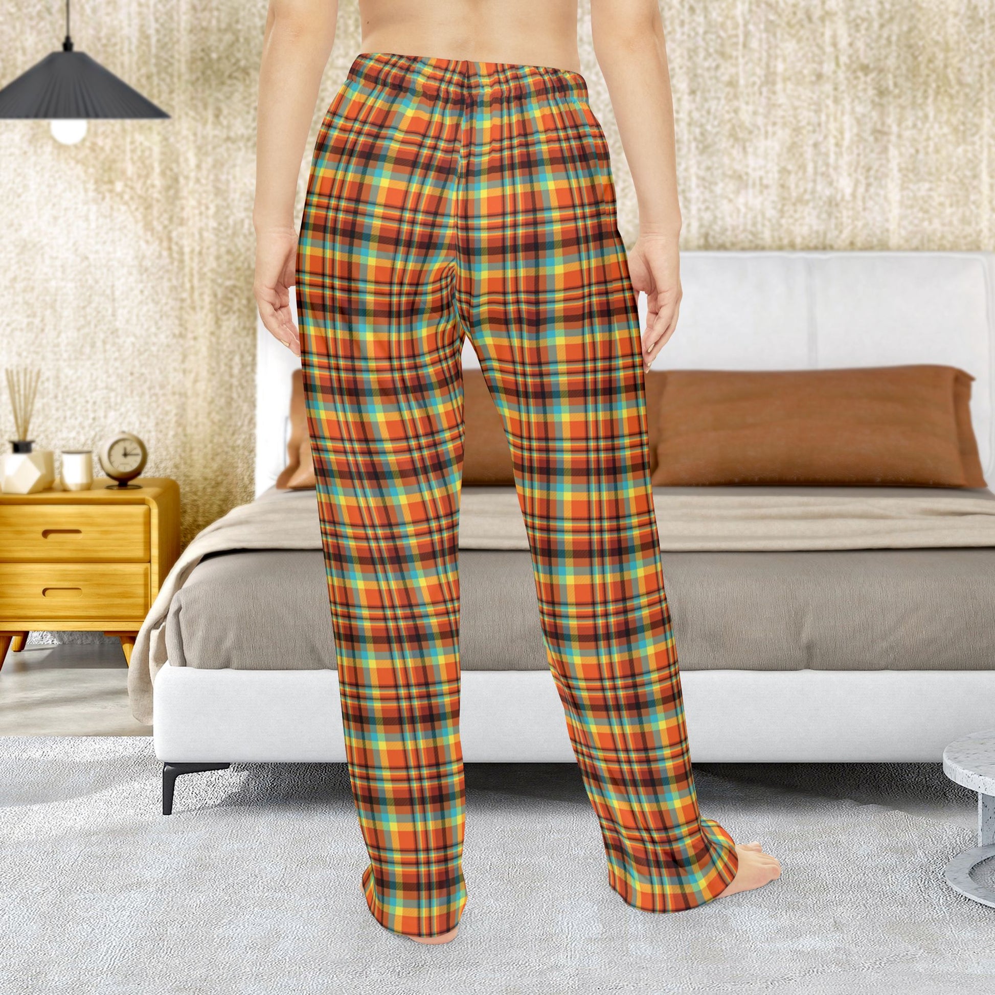 Women’s Orange, Teal & Yellow Santa Claus IN Plaid Pajama Pants