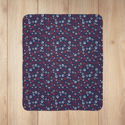 Red & White Ohio Paw Prints Blue Fleece Sherpa Blanket
