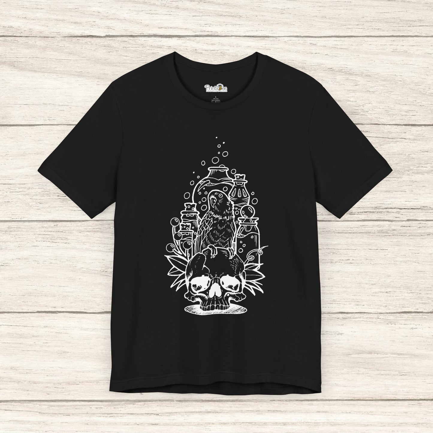 Crazy Scientist Lovebird Sitting on a Skull, Line Art Tee