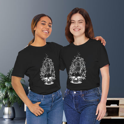 Crazy Scientist Lovebird Sitting on a Skull, Line Art Tee