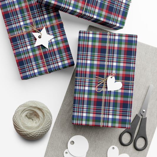 29'' x 72" Satin Christmas Red, White & Blue New England Boston MA Plaid Gift Wrapping Paper Roll