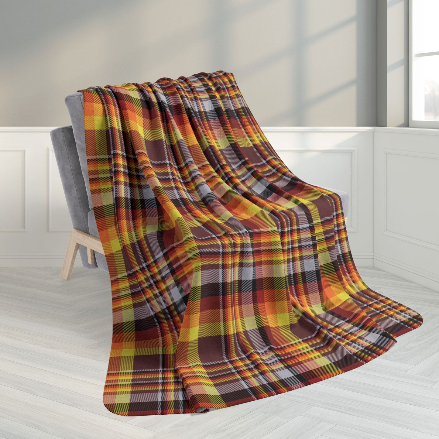 60" × 80" Brown, Orange & Red Mason OH Plaid Fleece Sherpa Blanket