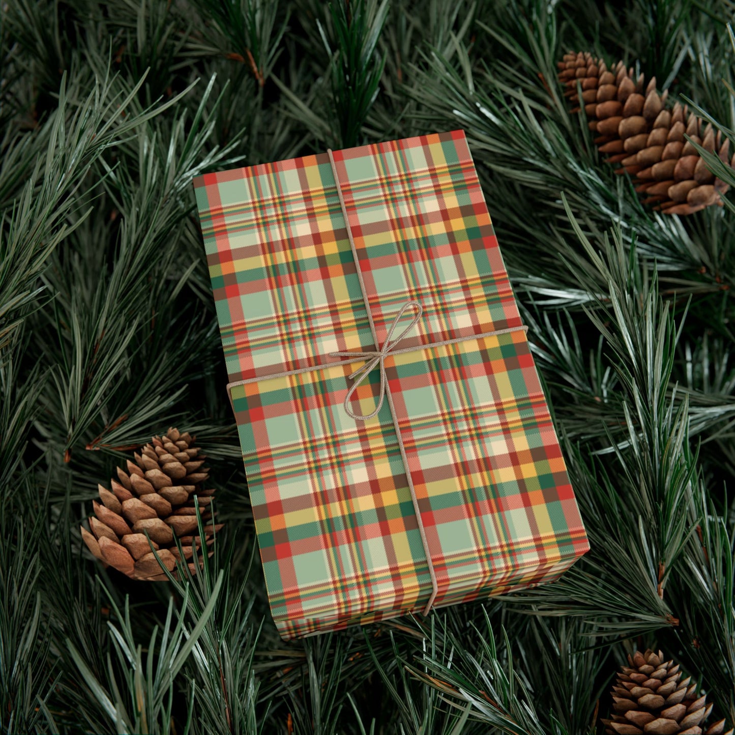 MCM Christmas Gold, Green & Red Plaid Gift Wrapping Paper Roll