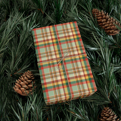 MCM Christmas Gold, Green & Red Plaid Gift Wrapping Paper Roll