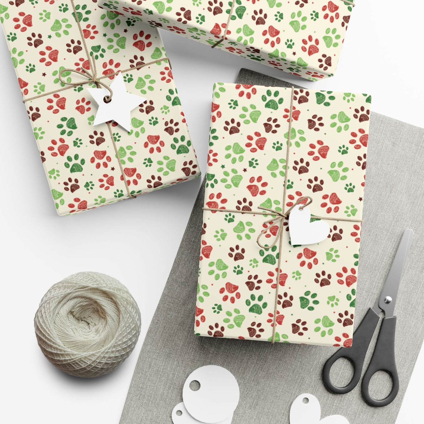 29'' x 144" Matte Christmas Green, Red & Cream Paw Print Gift Wrapping Paper Roll