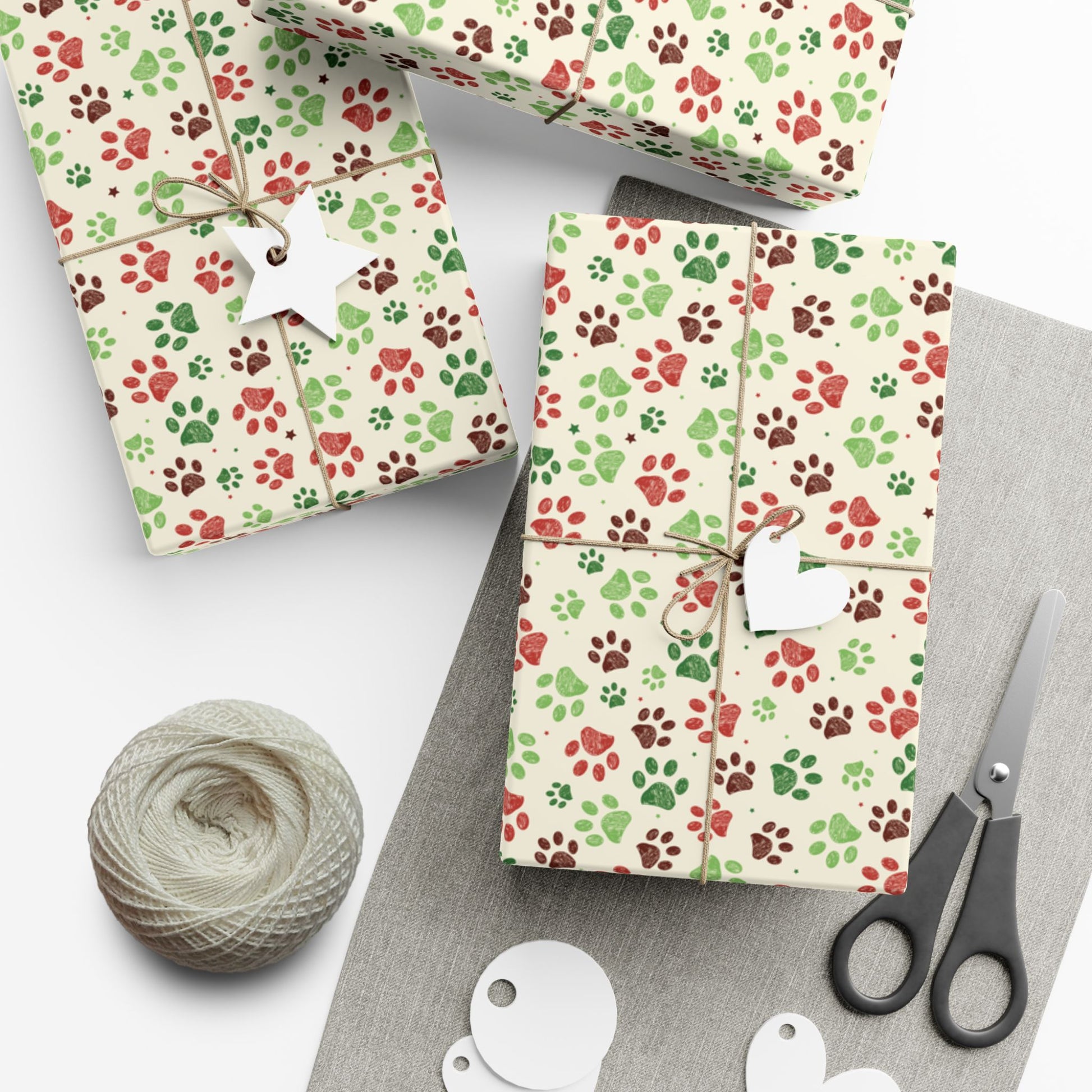 29'' x 144" Matte Christmas Green, Red & Cream Paw Print Gift Wrapping Paper Roll