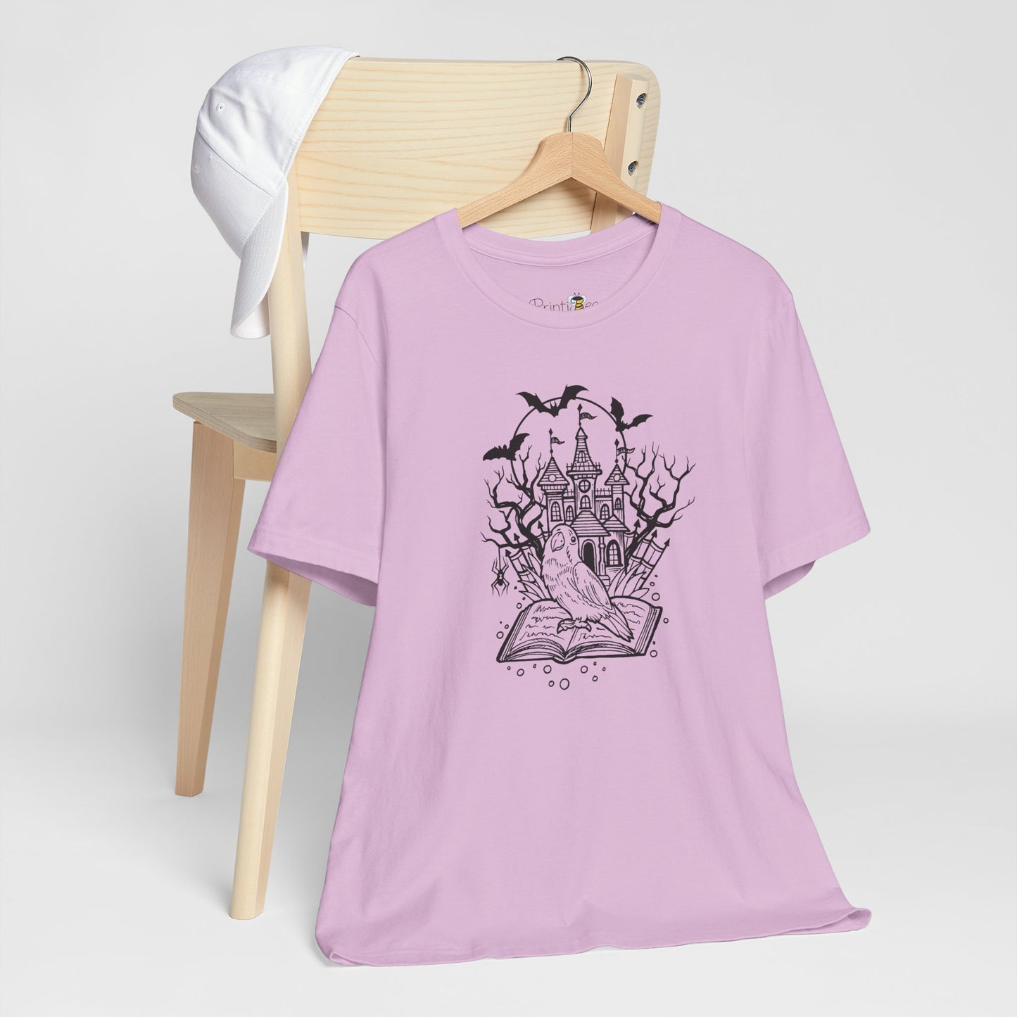 Lovebird on a Spell Book by a Haunted House, Line Art Tee