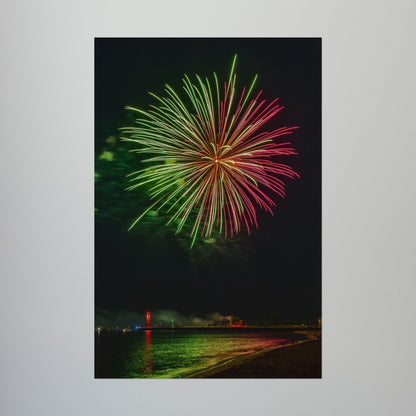Green & Pink 4th of July Fireworks over Kenosha Pier Light Rolled Poster