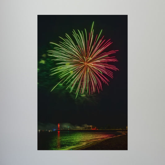 Green & Pink 4th of July Fireworks over Kenosha Pier Light Rolled Poster