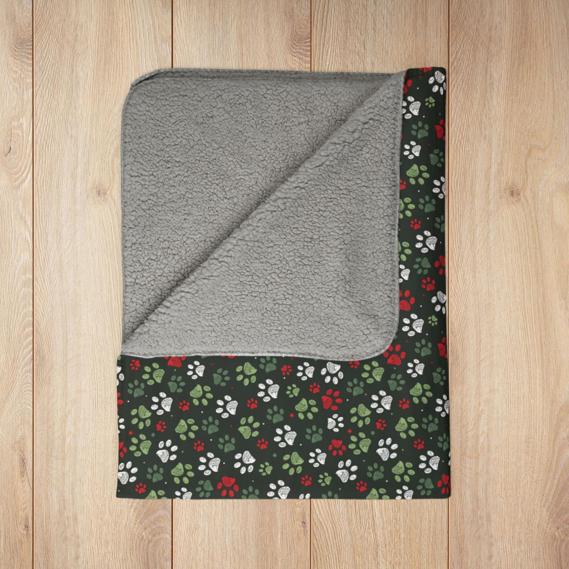 Christmas Classic Paw Prints Green Fleece Sherpa Blanket