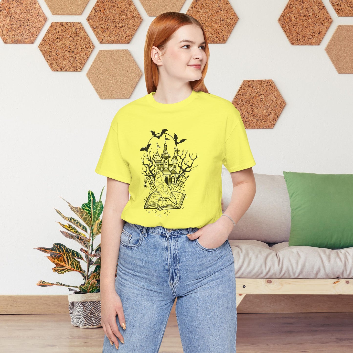 Lovebird on a Spell Book by a Haunted House, Line Art Tee