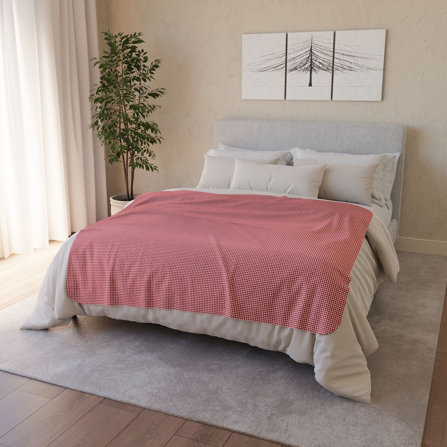50" × 60" Grey Red & White Gingham Fleece Sherpa Blanket