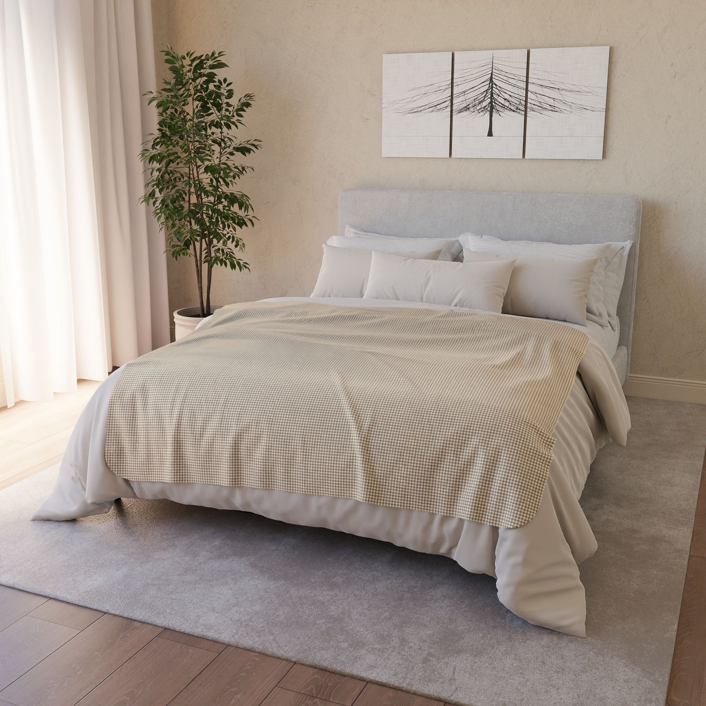50" × 60" Grey Khaki & Cream Gingham Fleece Sherpa Blanket