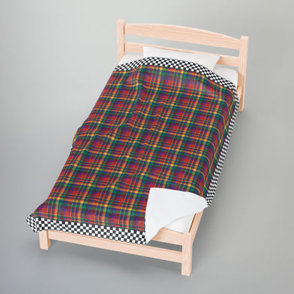 Red, Yellow, Green, Blue & Purple Ohio Plaid with Checkered Edge Velveteen Plush Blanket