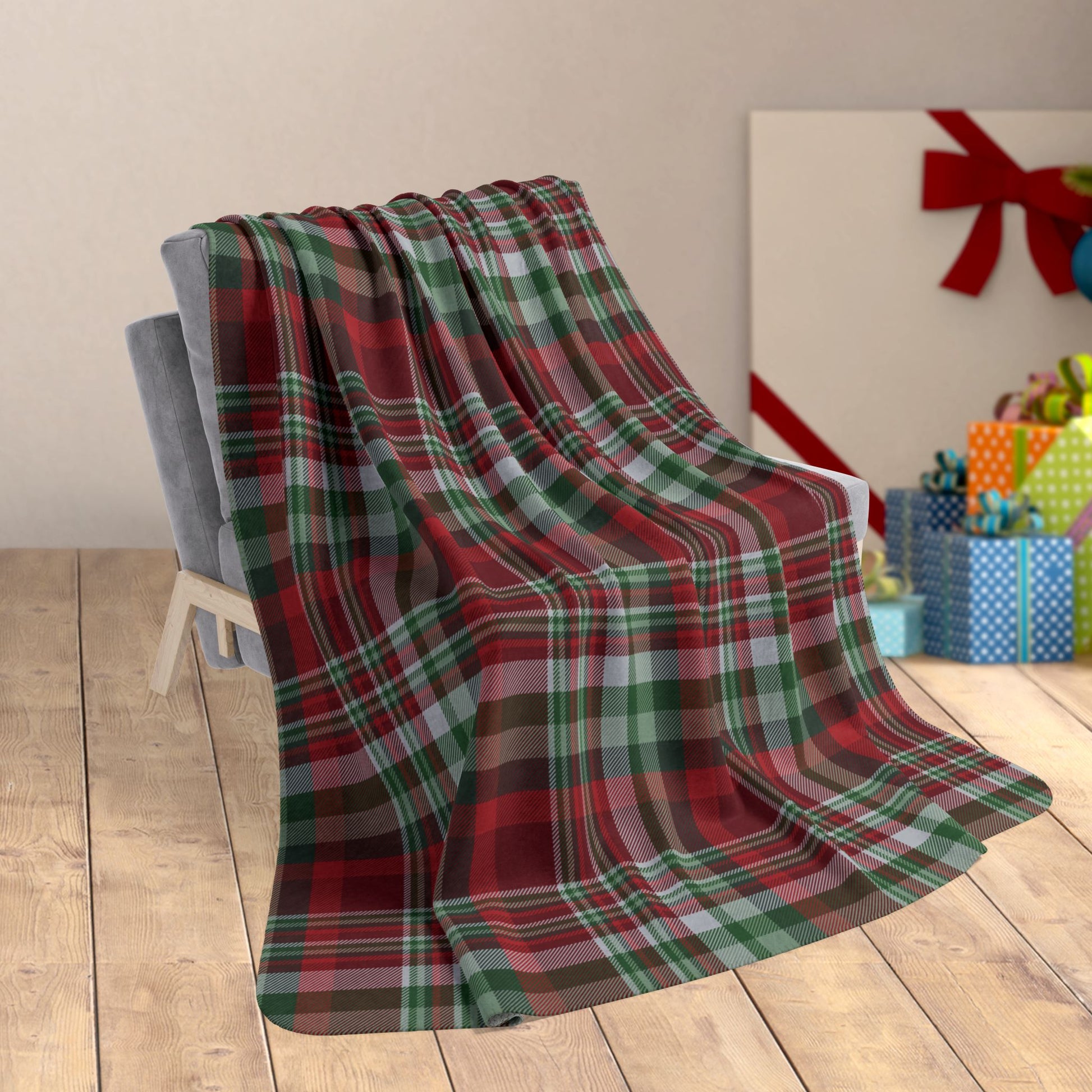 60" × 80" Christmas Green & Maroon Plaid Fleece Sherpa Blanket
