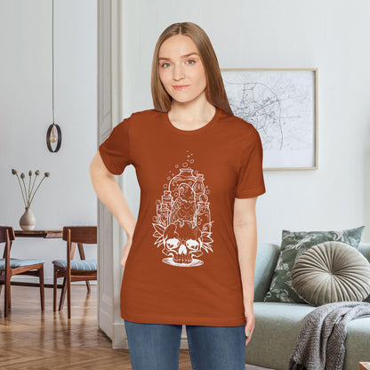 Crazy Scientist Lovebird Sitting on a Skull, Line Art Tee