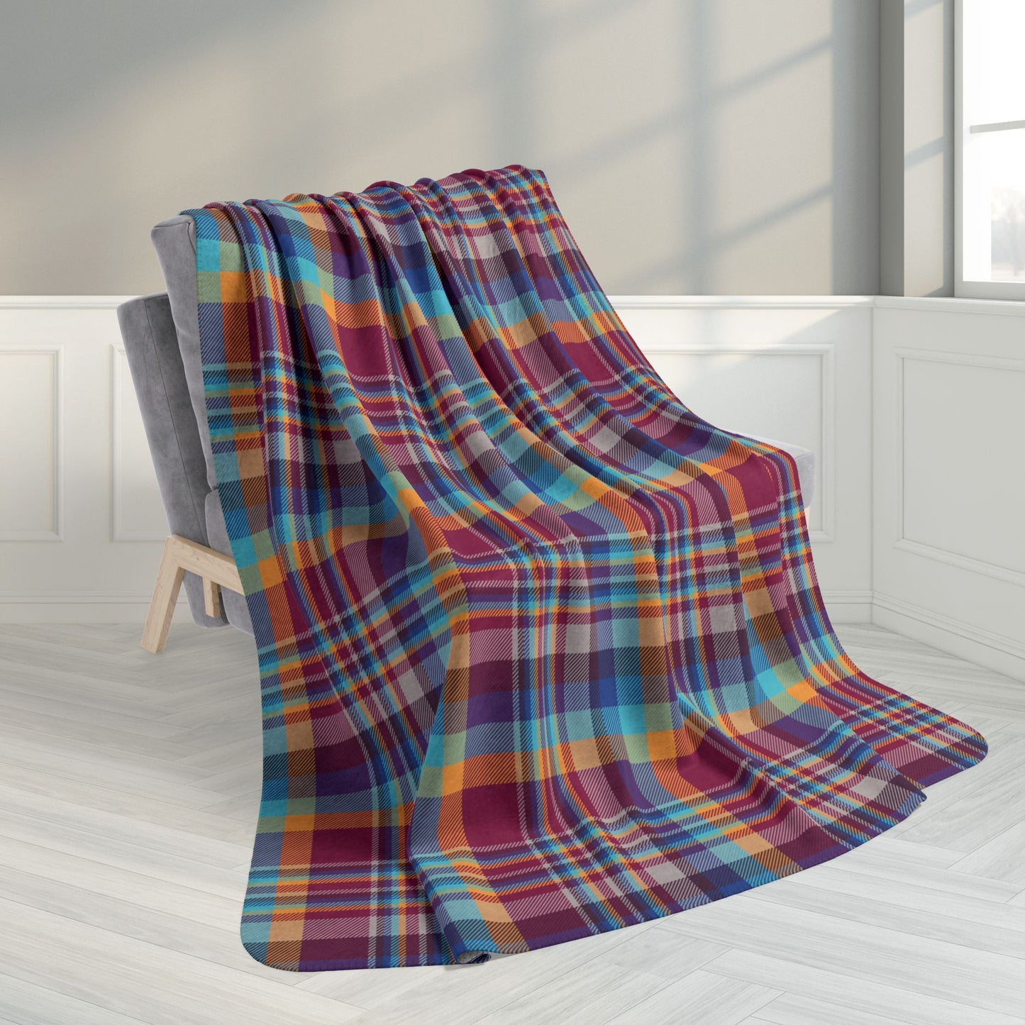 60" × 80" Raspberry, Blue, Teal & Purple Mason OH Plaid Fleece Sherpa Blanket