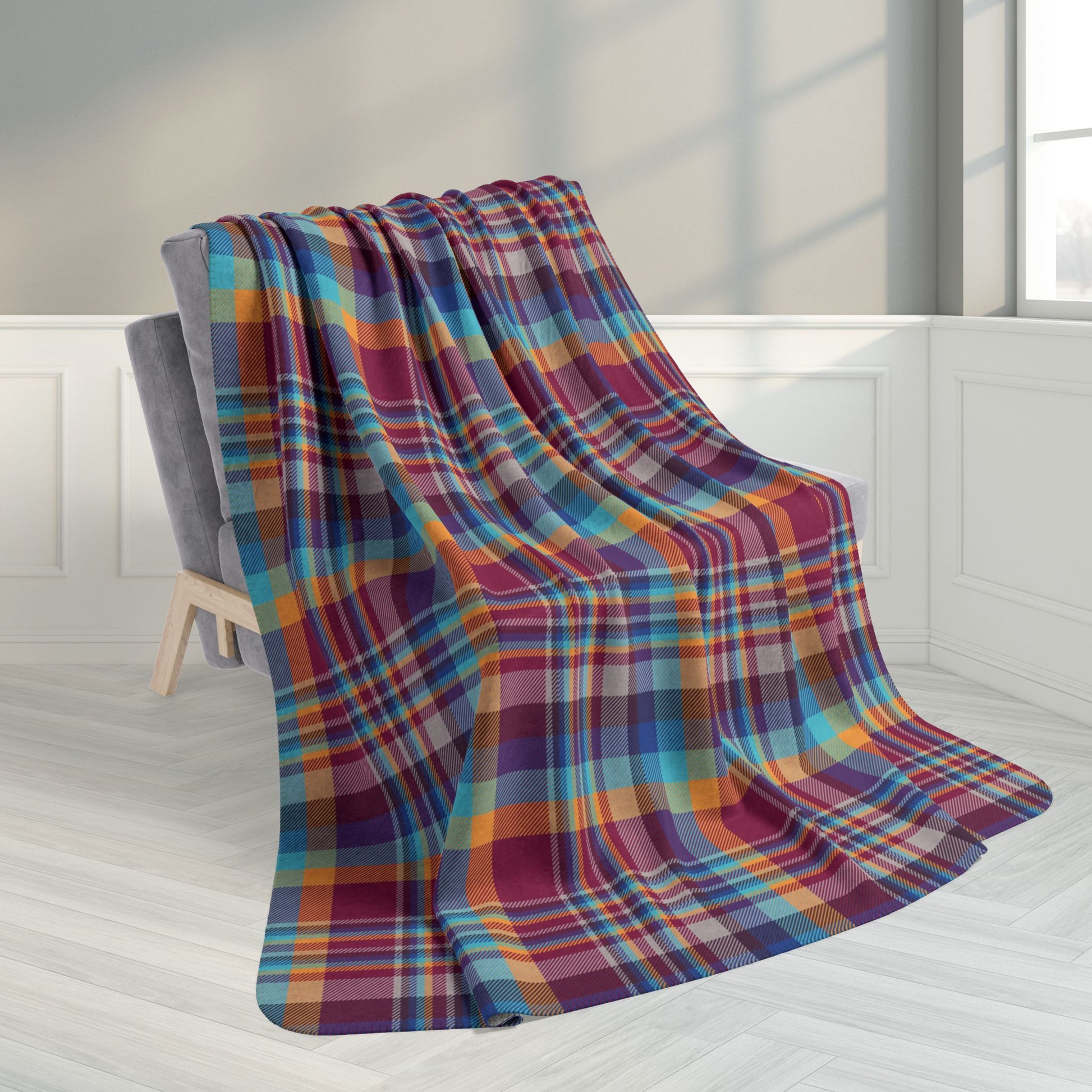 60" × 80" Raspberry, Blue, Teal & Purple Mason OH Plaid Fleece Sherpa Blanket