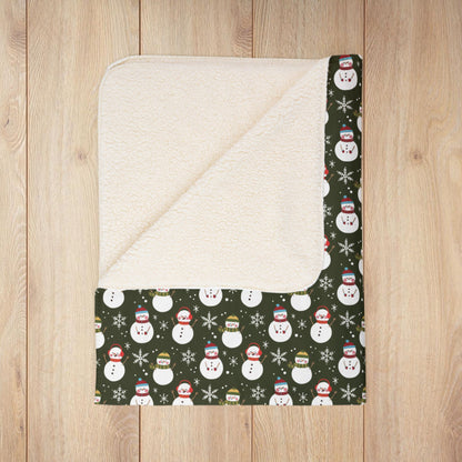 Christmas Red & Green Snowman Olive Fleece Sherpa Blanket