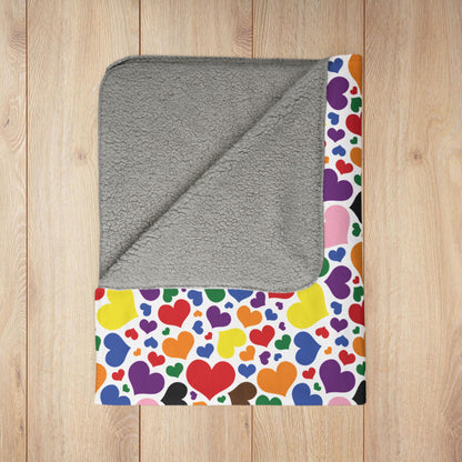 Rainbow Progress Pride Valentine’s Day Hearts White Fleece Sherpa Blanket