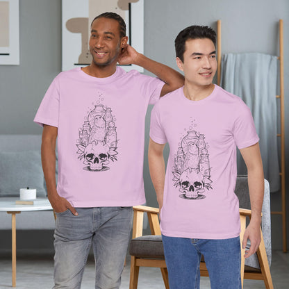 Crazy Scientist Lovebird Sitting on a Skull, Line Art Tee