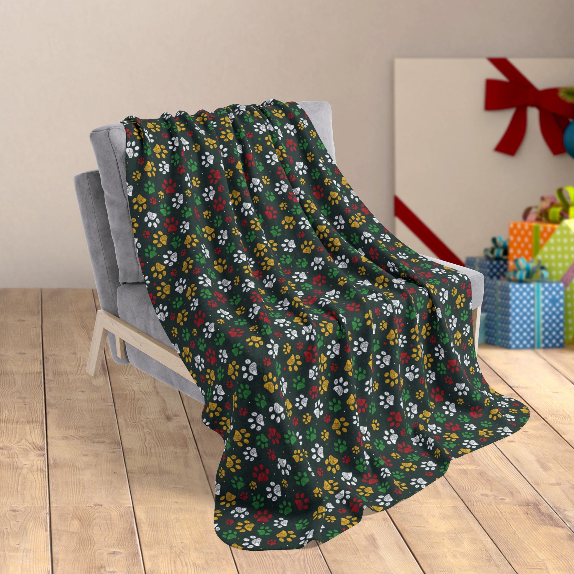 50" × 60" Christmas Green & Gold Paw Prints Green Bay Fleece Sherpa Blanket