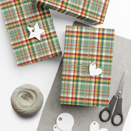 29'' x 144" Matte Christmas Greens, Gold & Red Plaid Gift Wrapping Paper Roll