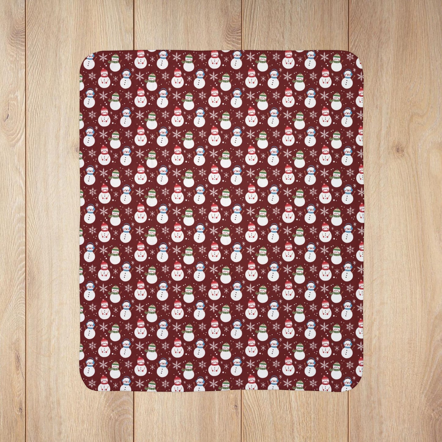 Christmas Green, Red & Blue Snowman Maroon Fleece Sherpa Blanket