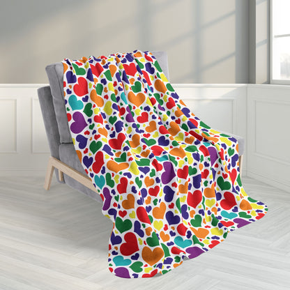 50" × 60" Rainbow 7-Color Pride Valentine’s Day Hearts White Fleece Sherpa Blanket