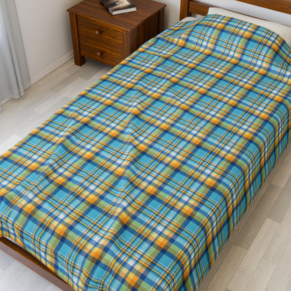 Teal, Blue & Gold Ohio Plaid Velveteen Plush Blanket